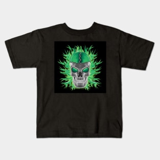 Green Skull with Flames Kids T-Shirt